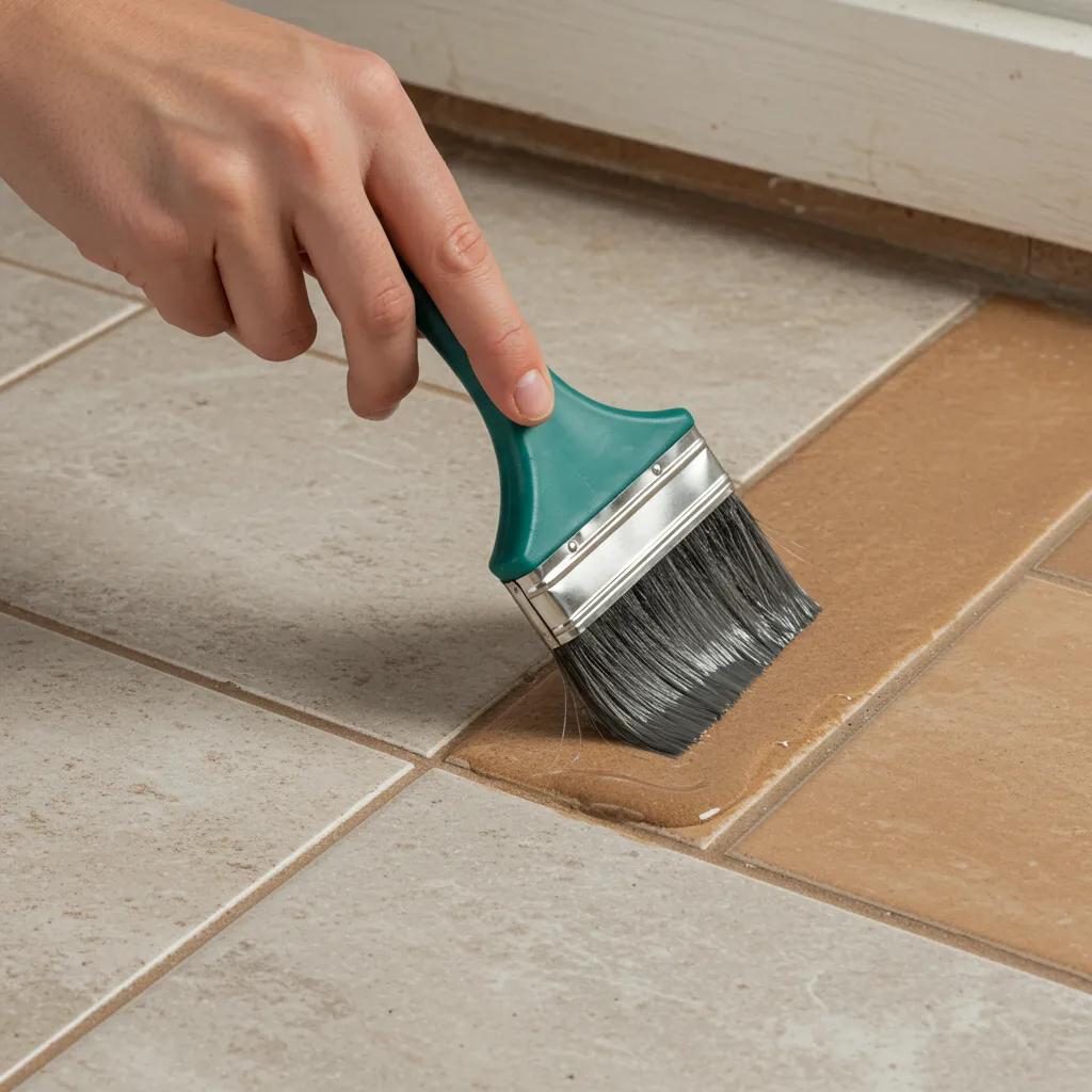 Technician applying grout sealing to freshly cleaned grout lines on a tiled floor