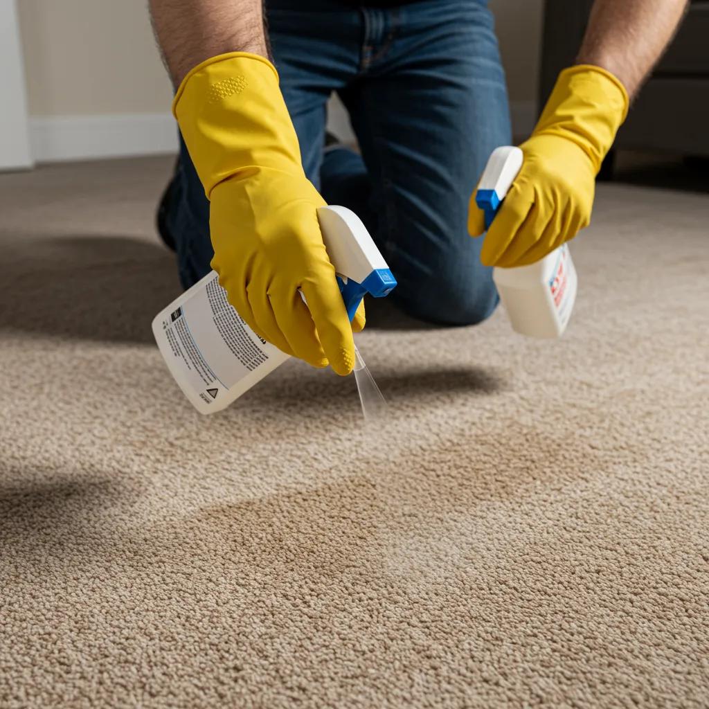 Technician applying pre-treatment solutions to a stained carpet in a clean room