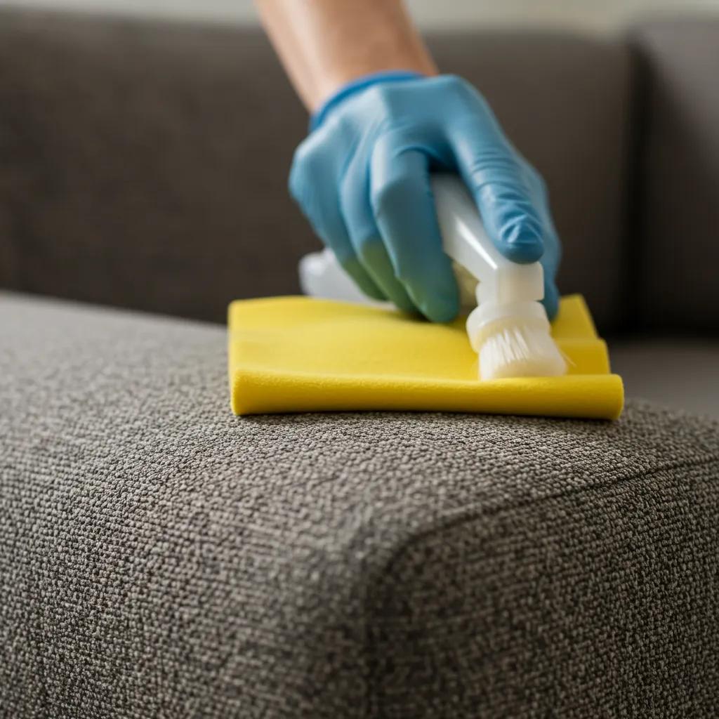 Technician applying stain removal solution to a fabric sofa, demonstrating expert stain and odour removal techniques