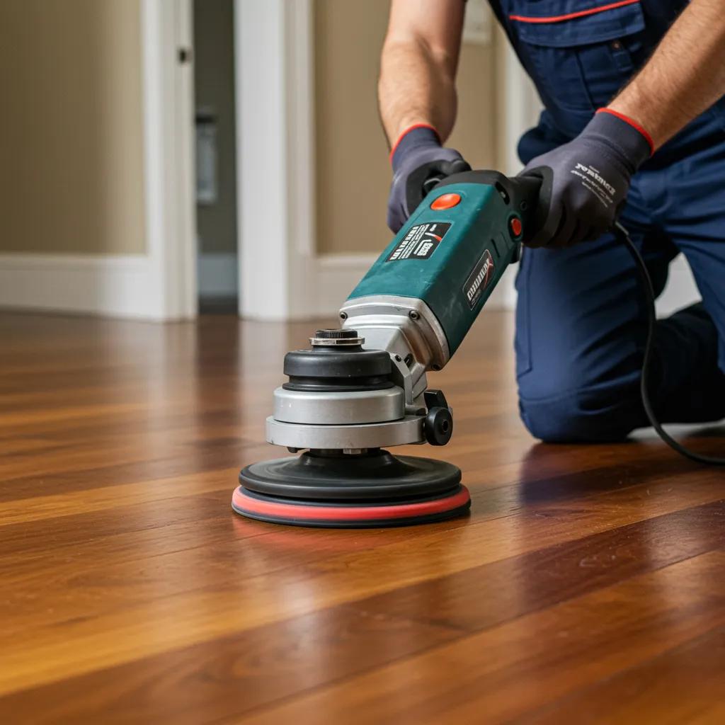 A skilled technician expertly buffing a hardwood floor with a rotary buffer, demonstrating the process