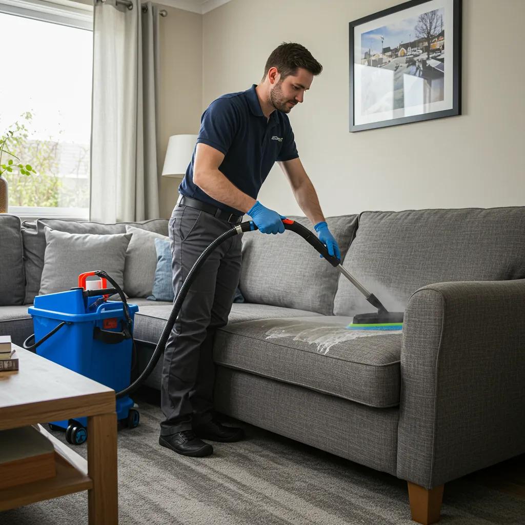 Professional technician expertly cleaning a sofa with advanced steam extraction equipment in a comfortable living room