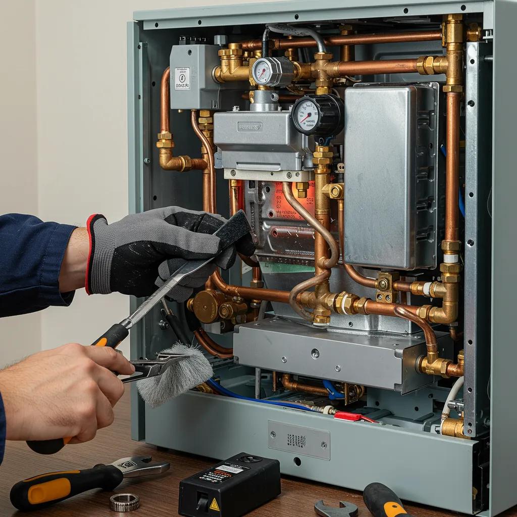 Skilled technician carefully cleaning internal boiler components, illustrating essential maintenance checks for optimal safety and efficiency Skilled technician carefully cleaning internal boiler components, illustrating essential maintenance checks for optimal safety and efficiency
