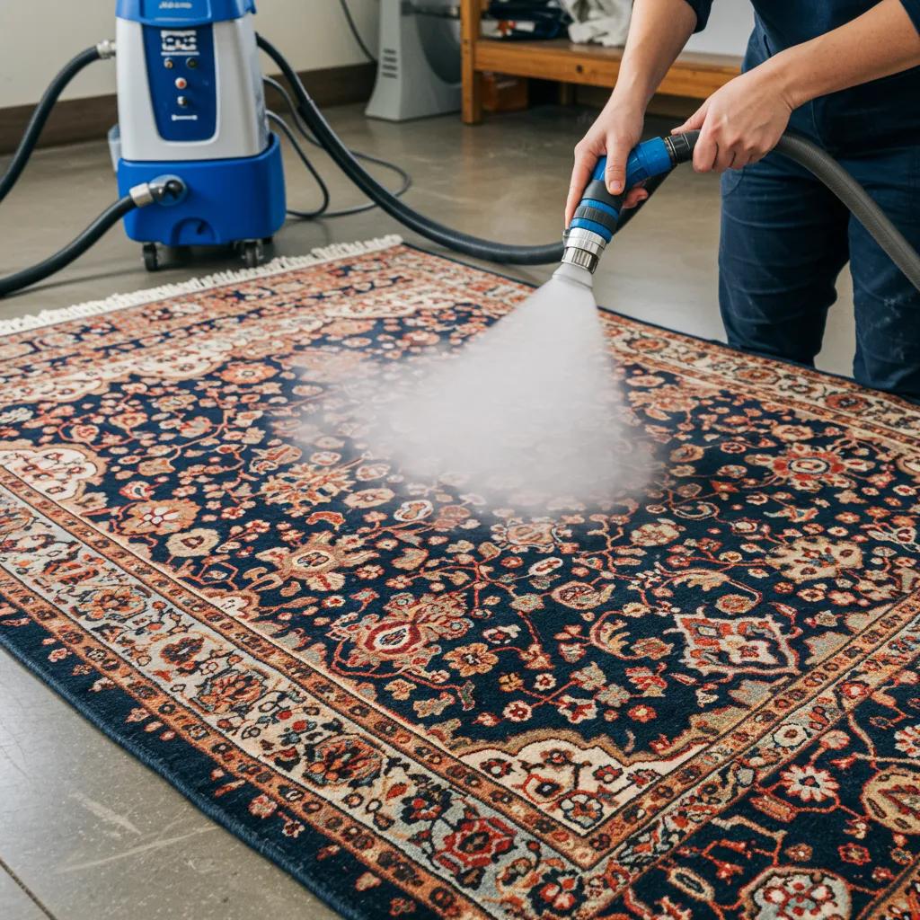 A technician expertly demonstrating steam cleaning on an area rug, showcasing effective cleaning methods
