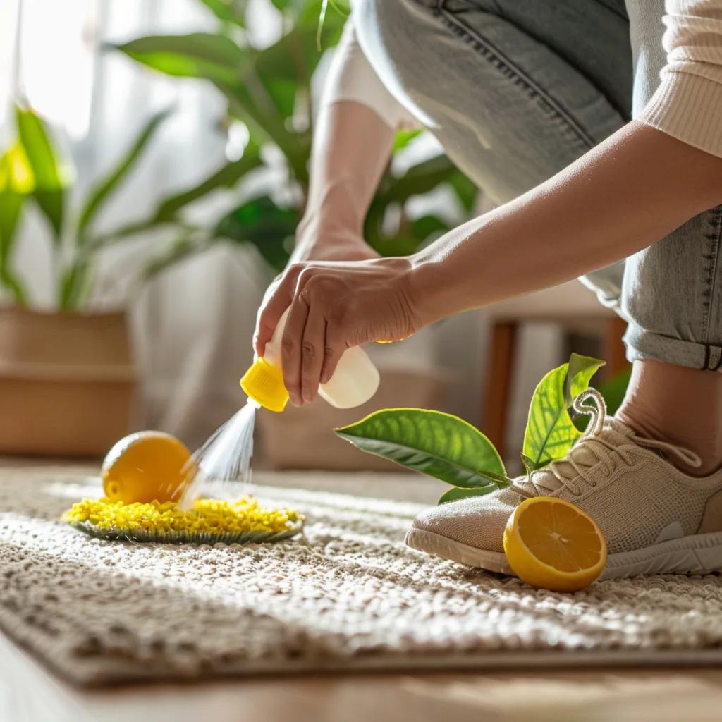 Technician using eco-friendly citrus-based cleaning products in a home setting