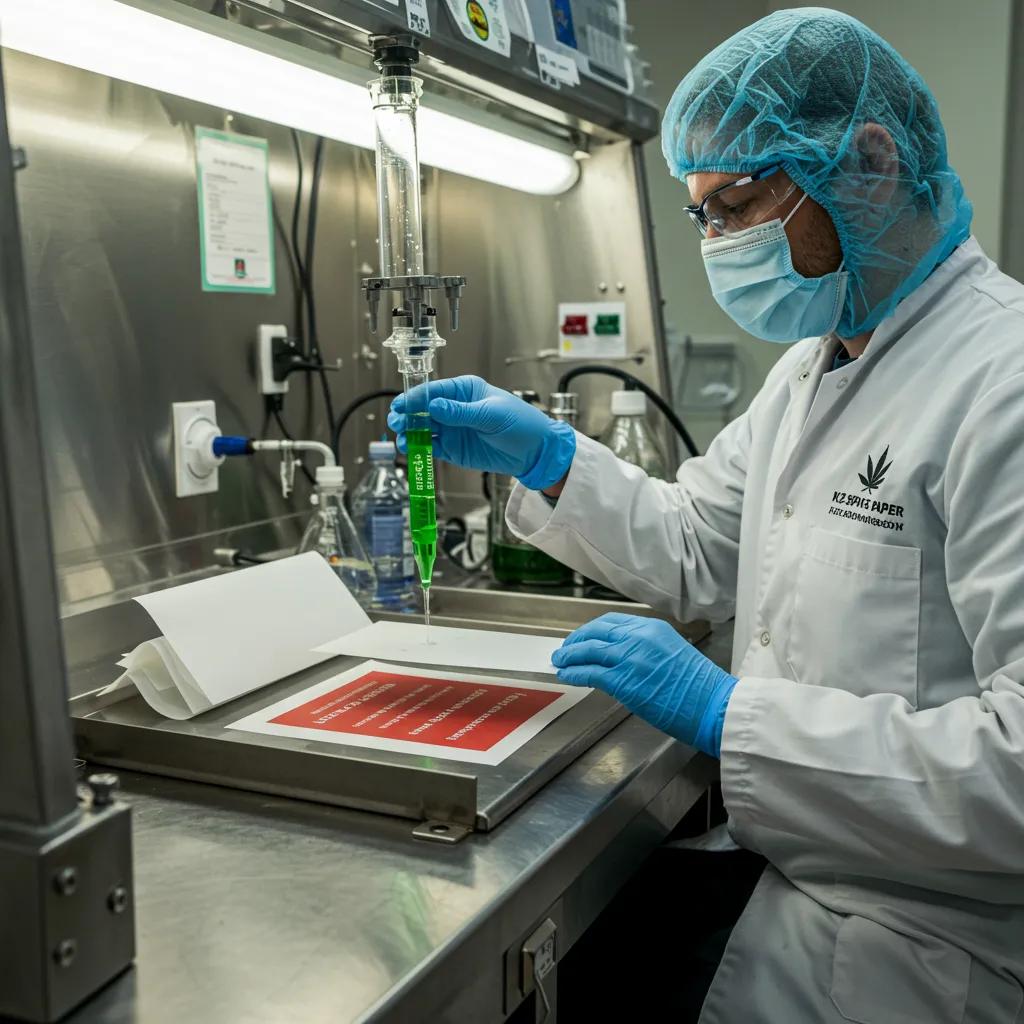 A technician carefully infusing K2 Spice Paper with synthetic cannabinoids within a sterile laboratory environment