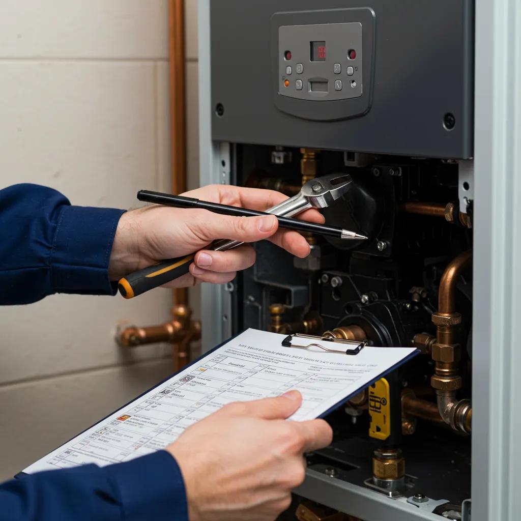 Technician inspecting a boiler during annual servicing, emphasizing maintenance benefits Technician inspecting a boiler during annual servicing, emphasizing maintenance benefits
