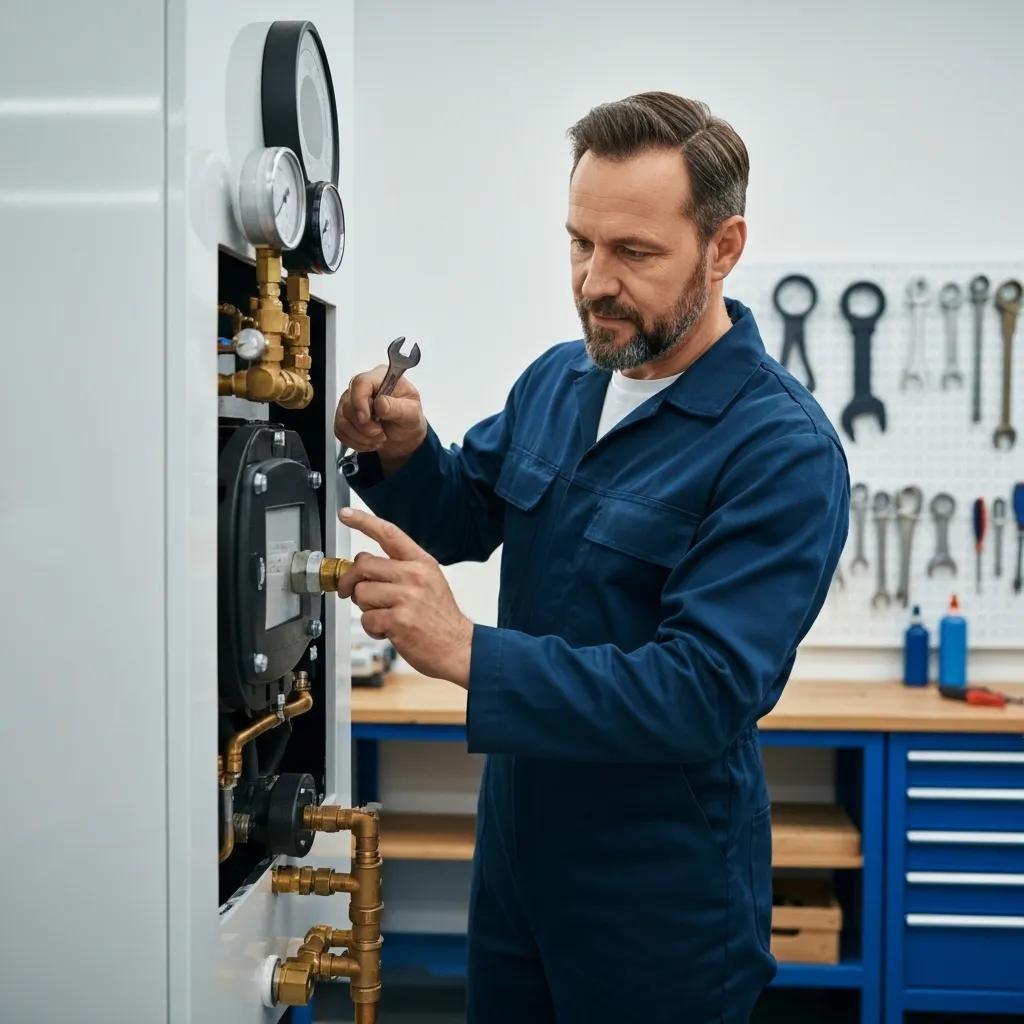 A skilled engineer carefully inspecting a boiler to identify common faults and carry out repairs