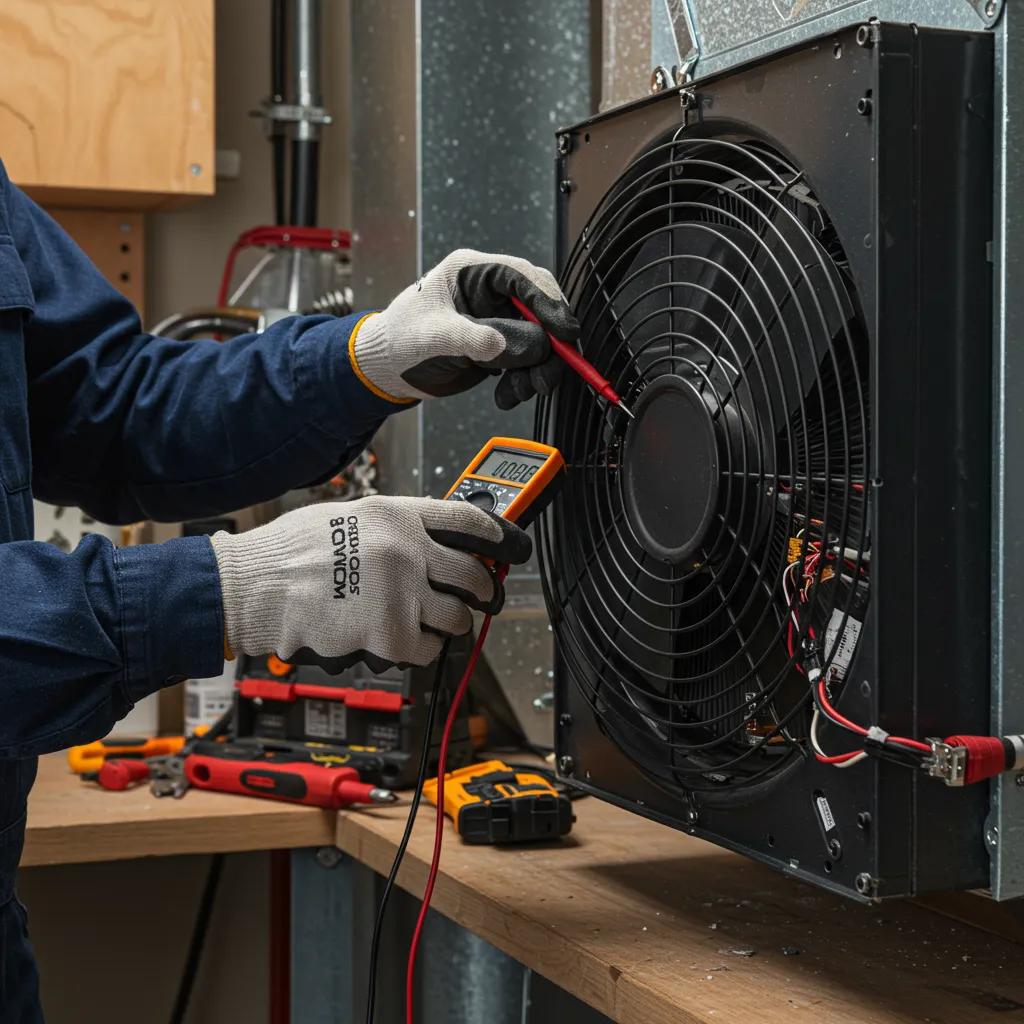 Technician inspecting a furnace fan for electrical issues in a utility room