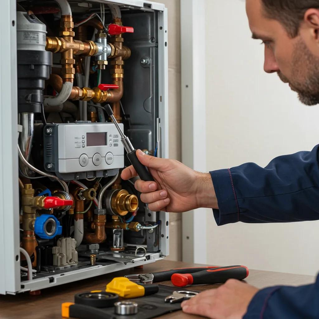 A technician examining a faulty boiler, highlighting typical emergency issues