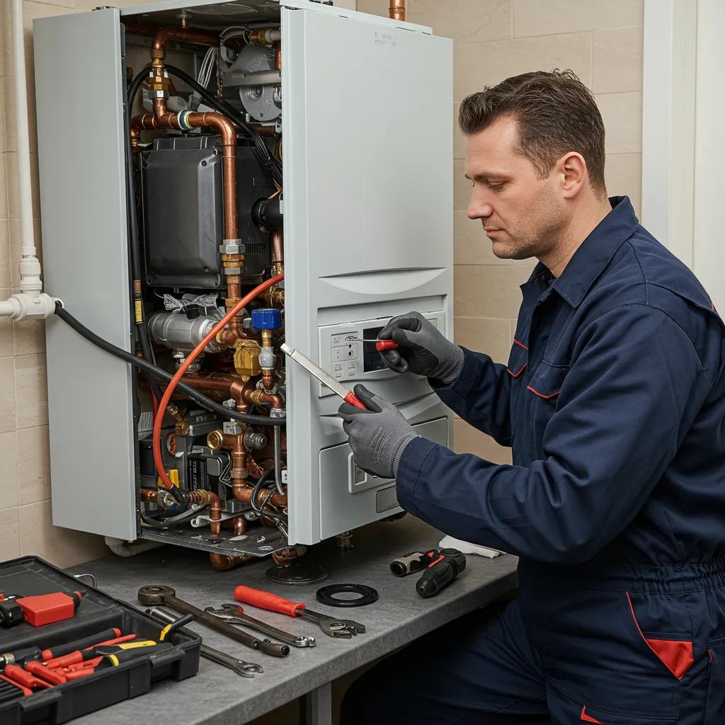 Technician carefully inspecting a modern boiler in a utility room, showcasing expert repair and maintenance skills