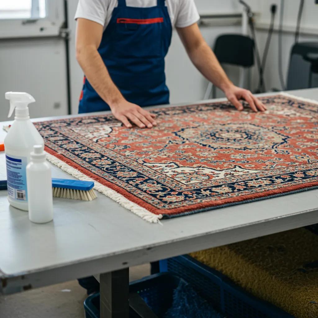 Expert technician carefully inspecting a rug on a clean table, surrounded by professional cleaning tools