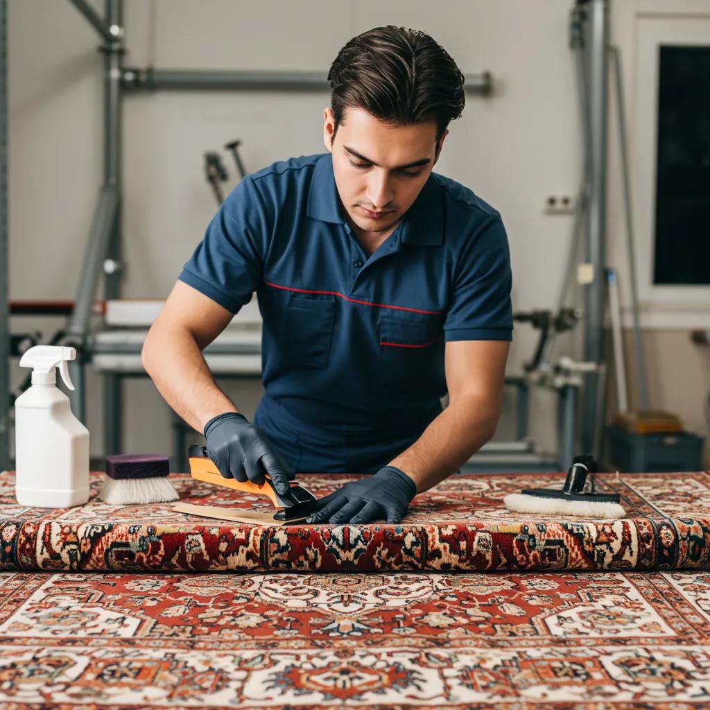 Technician inspecting an oriental rug, demonstrating specialist expertise in preserving rug value and longevity
