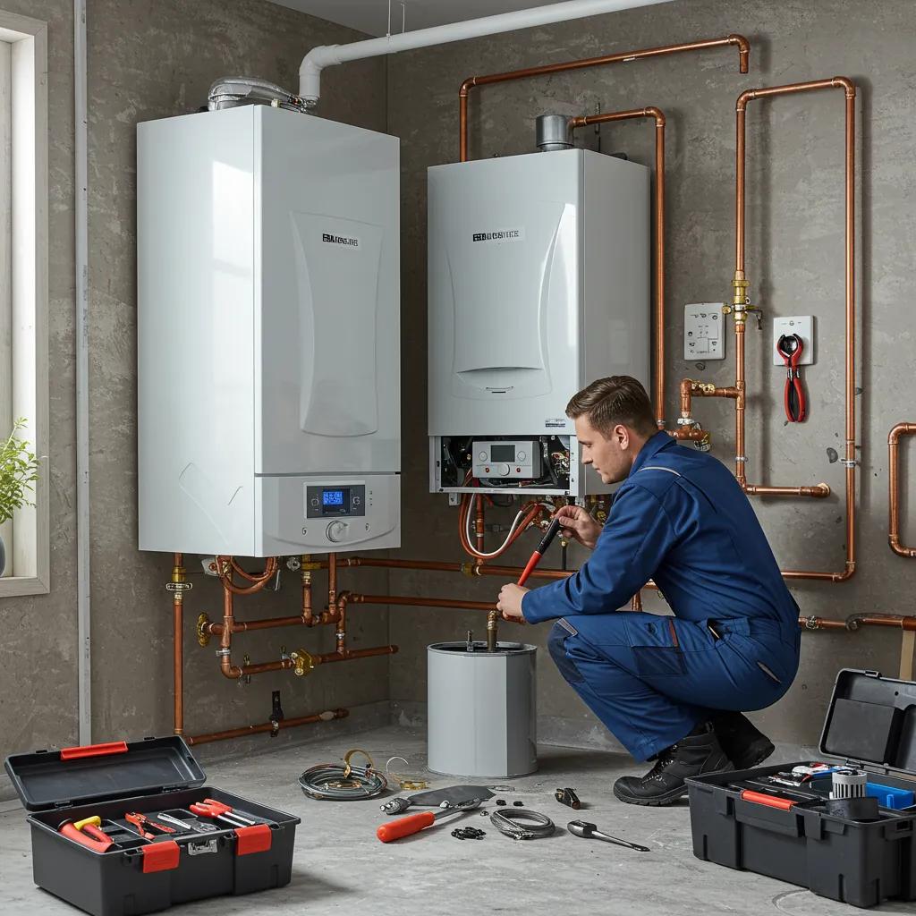 A qualified engineer carefully installing a new boiler in a modern Cardiff home, highlighting the advantages of a new installation