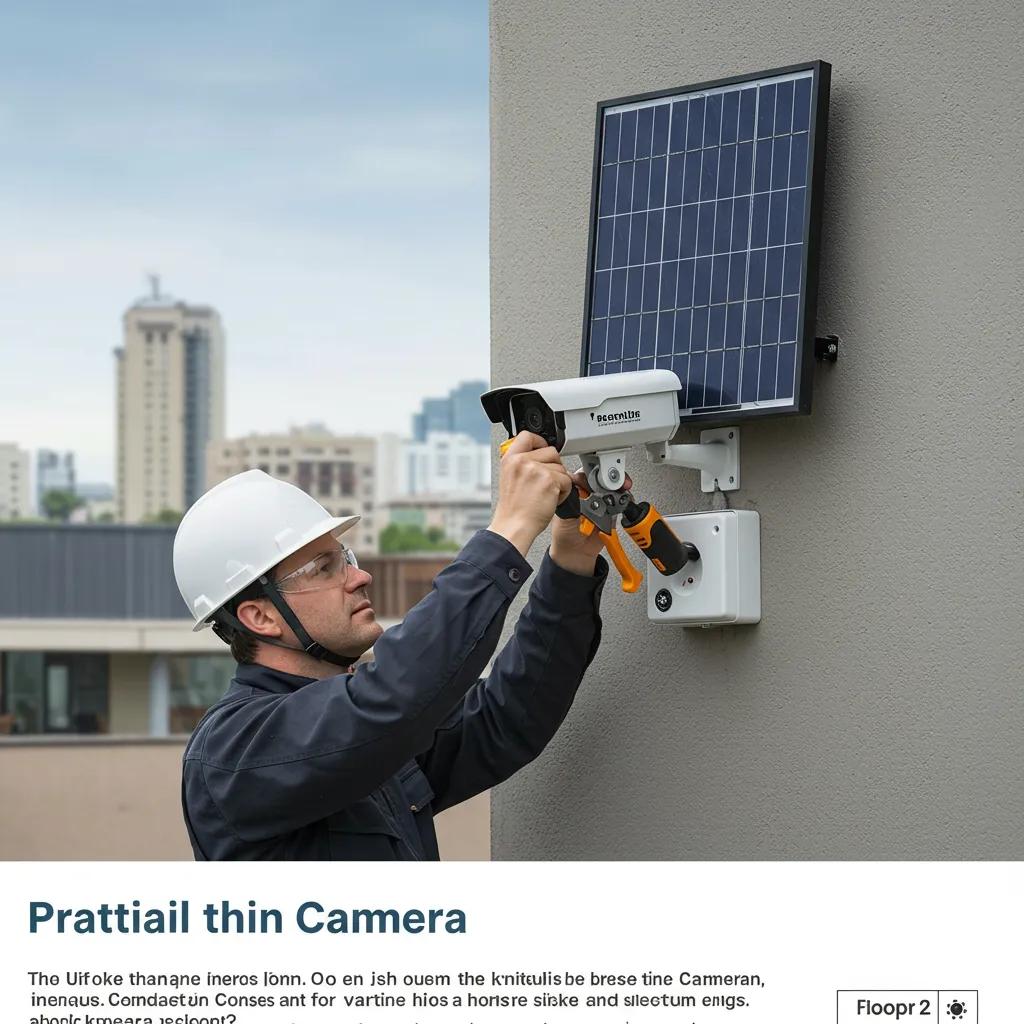 Technician installing a solar security camera on a building rooftop