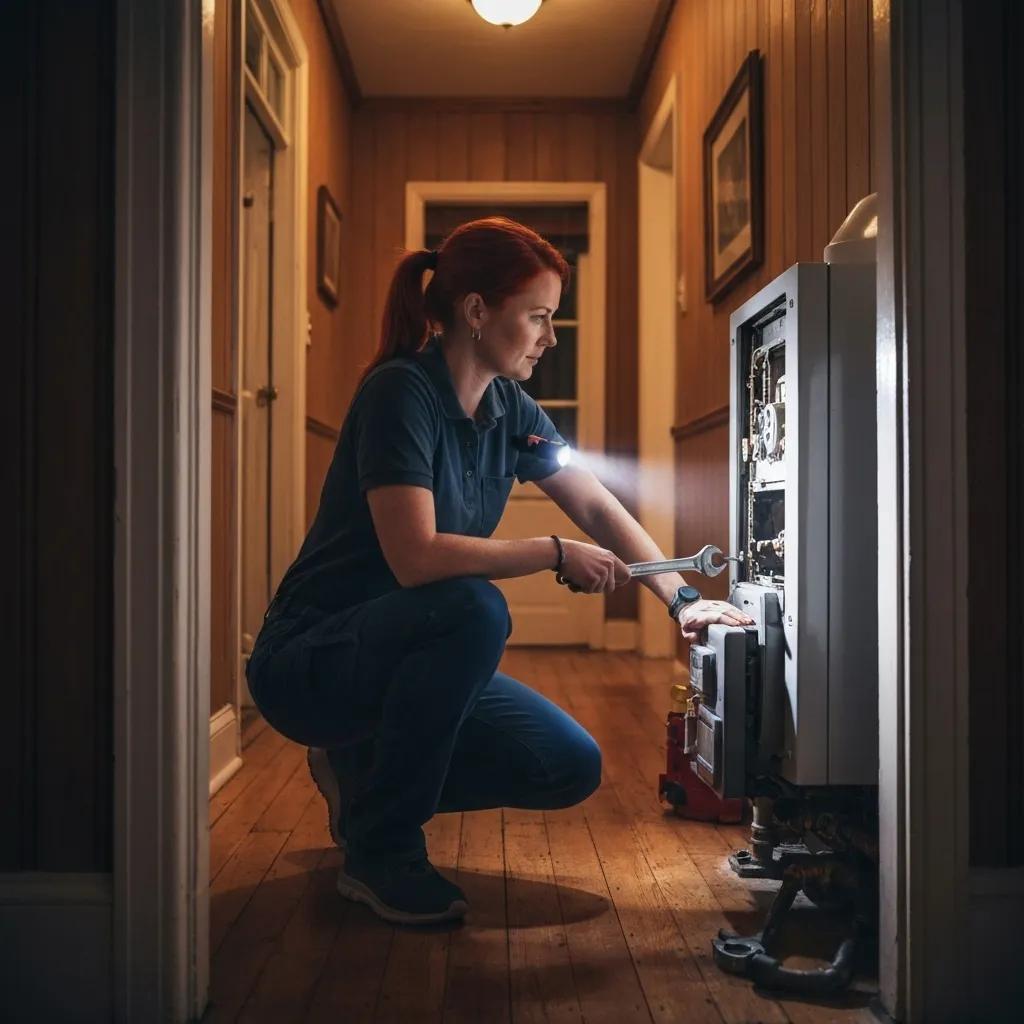 A technician working urgently on a boiler in a home, demonstrating professionalism during an emergency