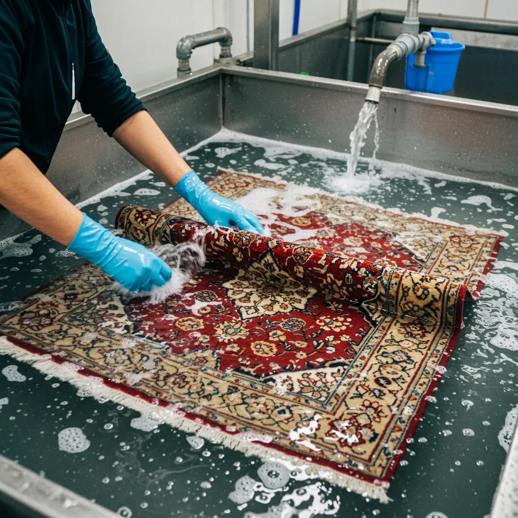 Technician performing full immersion washing on an oriental rug, illustrating the best cleaning methods for preservation