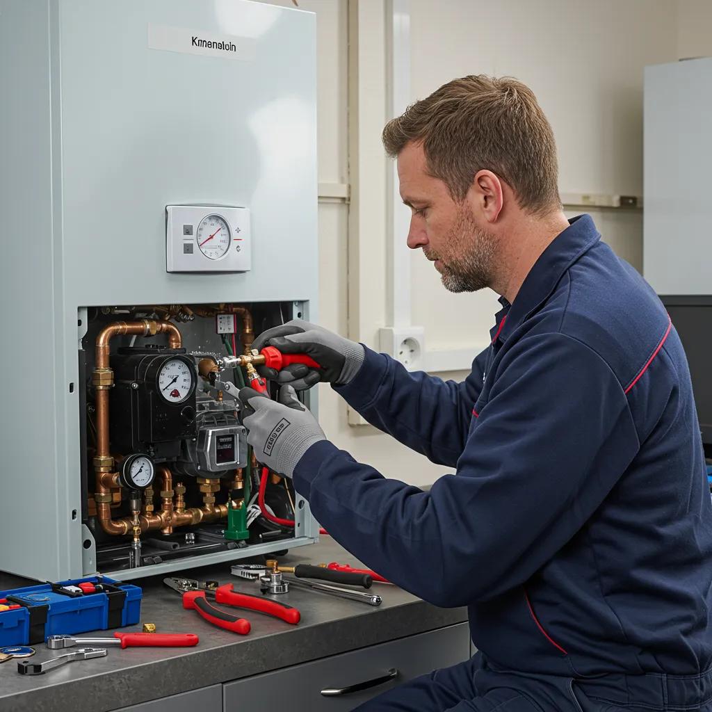 Technician performing maintenance on a boiler, highlighting the importance of annual servicing