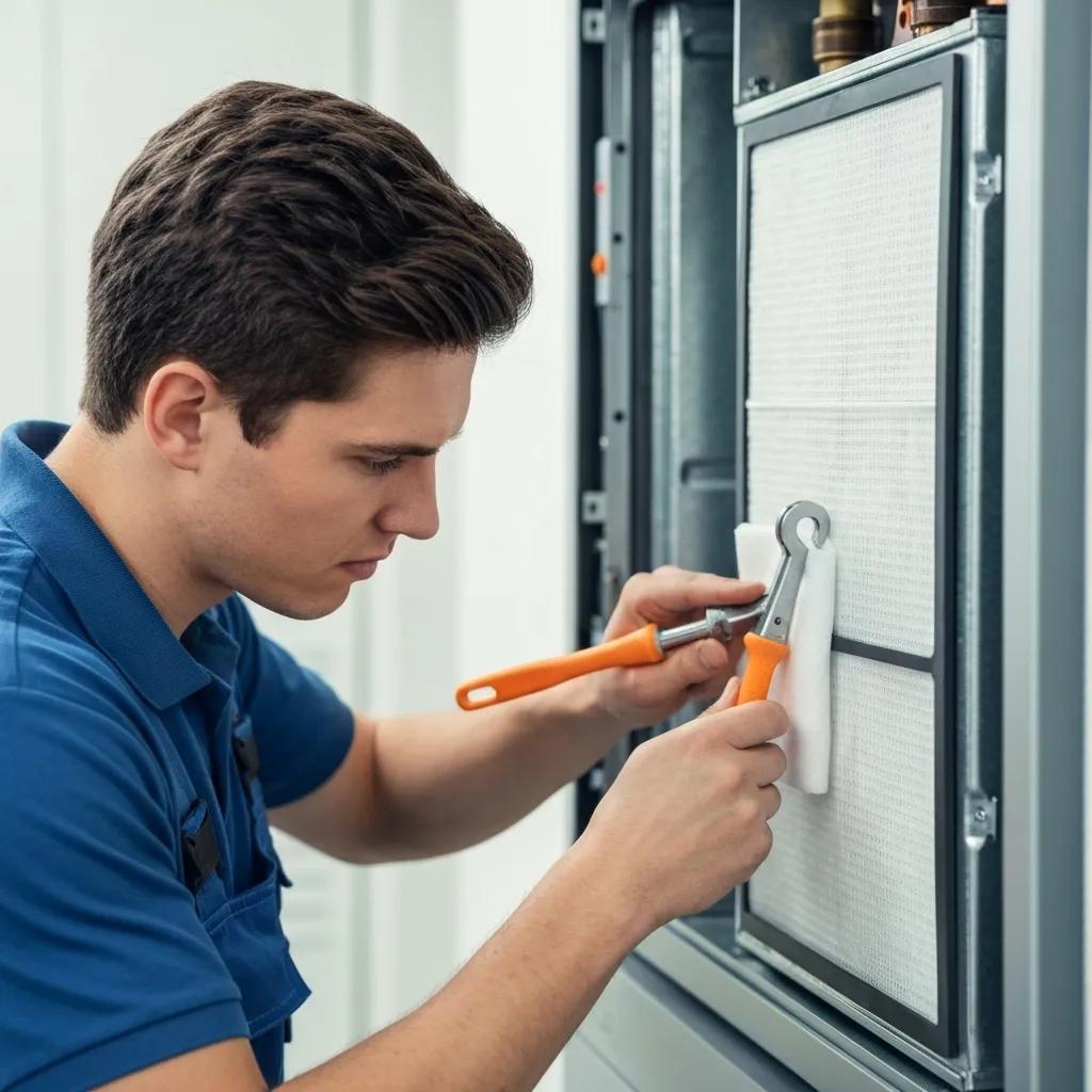 A technician diligently performing maintenance on a furnace, highlighting the importance of routine upkeep for optimal efficiency.