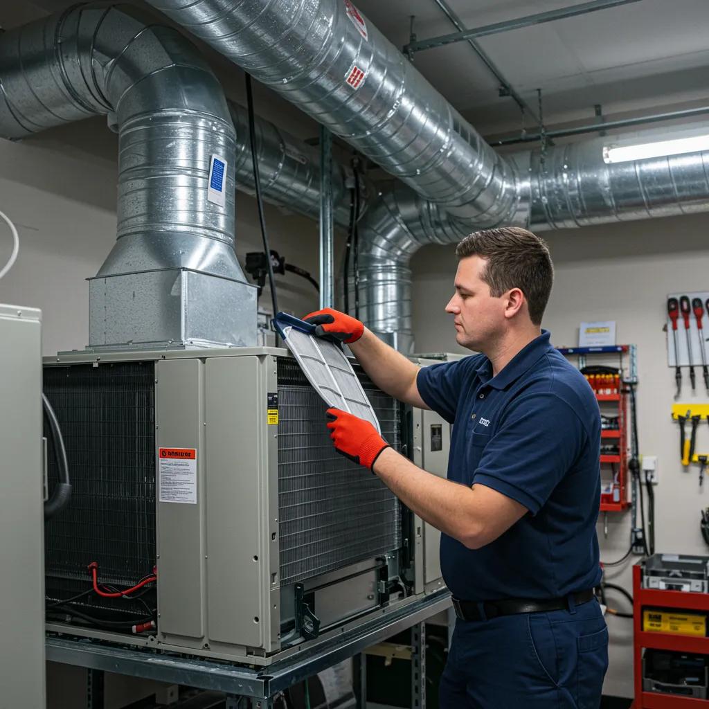 Technician performing preventive maintenance on an HVAC system in a commercial building
