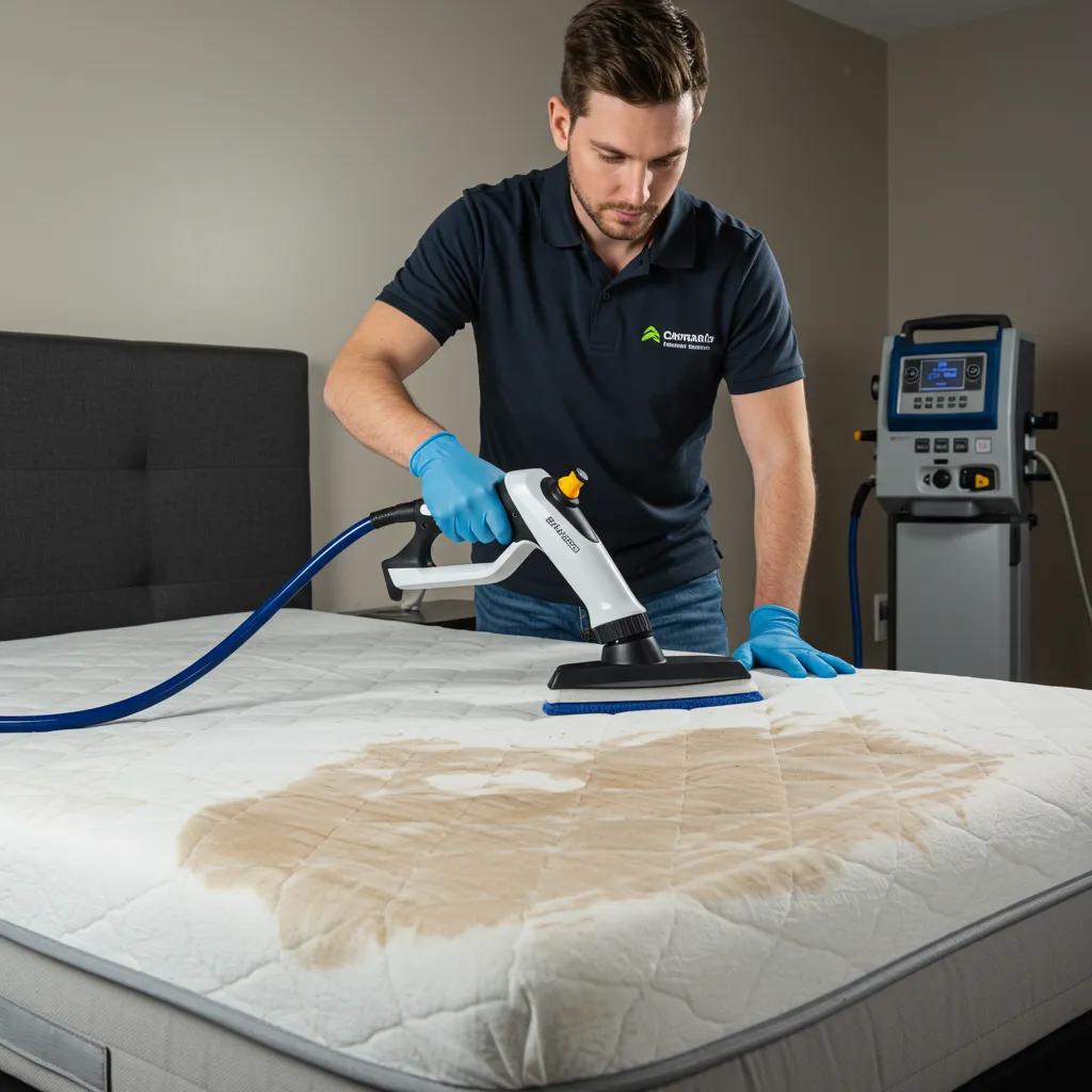Technician using steam cleaning equipment on mattress to remove stains, demonstrating professional mattress cleaning techniques for effective allergen and stain removal.