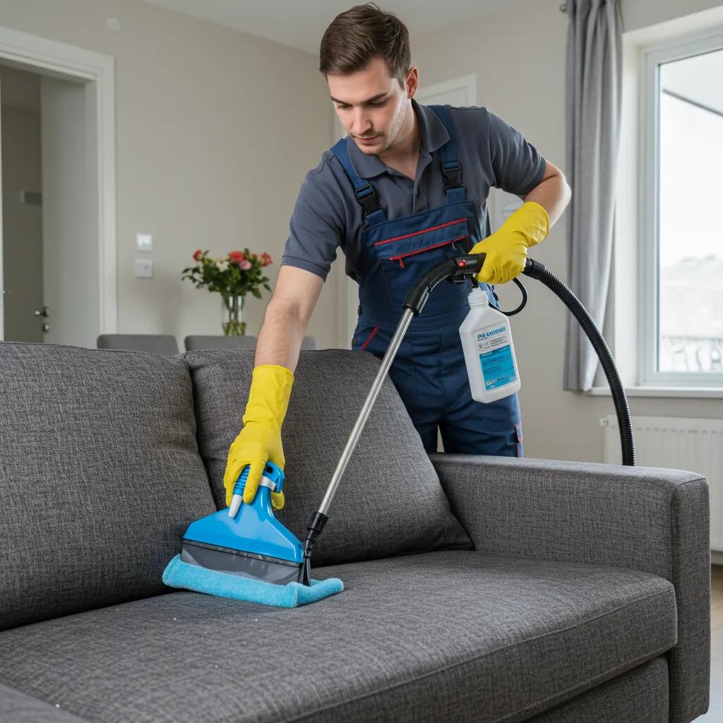 Technician performing professional upholstery cleaning on a sofa, demonstrating the multi-stage cleaning process in a well-maintained living room