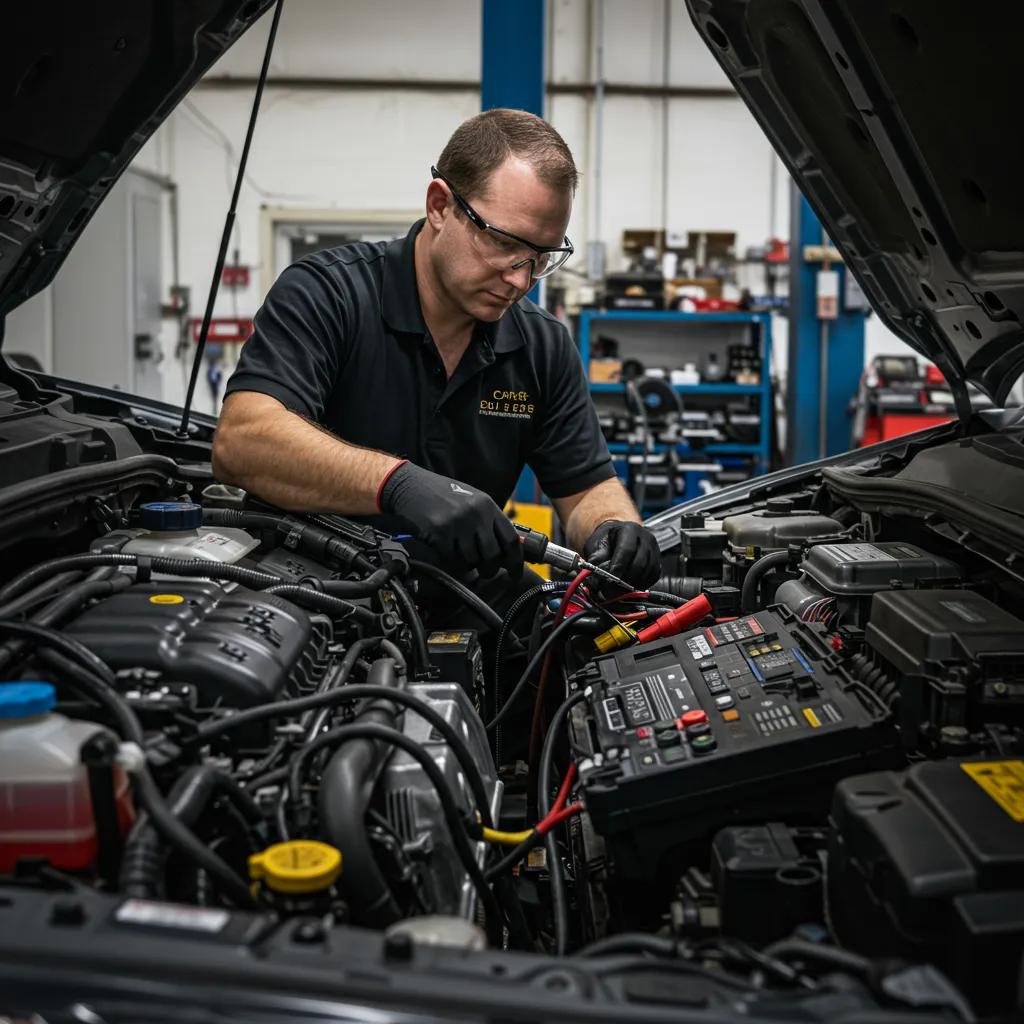 Technician performing specialized auto services on a vehicle in a repair shop