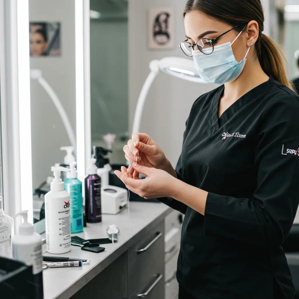 Technician preparing for hair threading in a clean salon, highlighting hygiene and professionalism