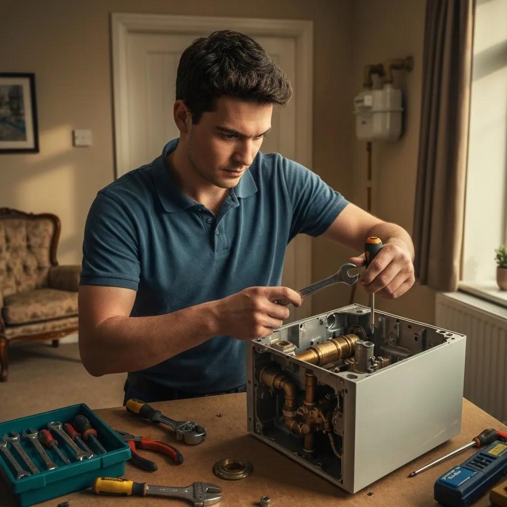 A skilled engineer working on a boiler in a Glasgow home, illustrating the typical costs and processes involved in boiler repairs.