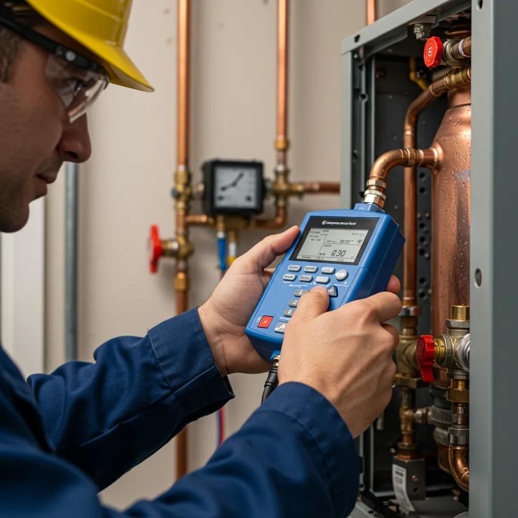 Technician using a flue gas analyser to check carbon monoxide levels during boiler service