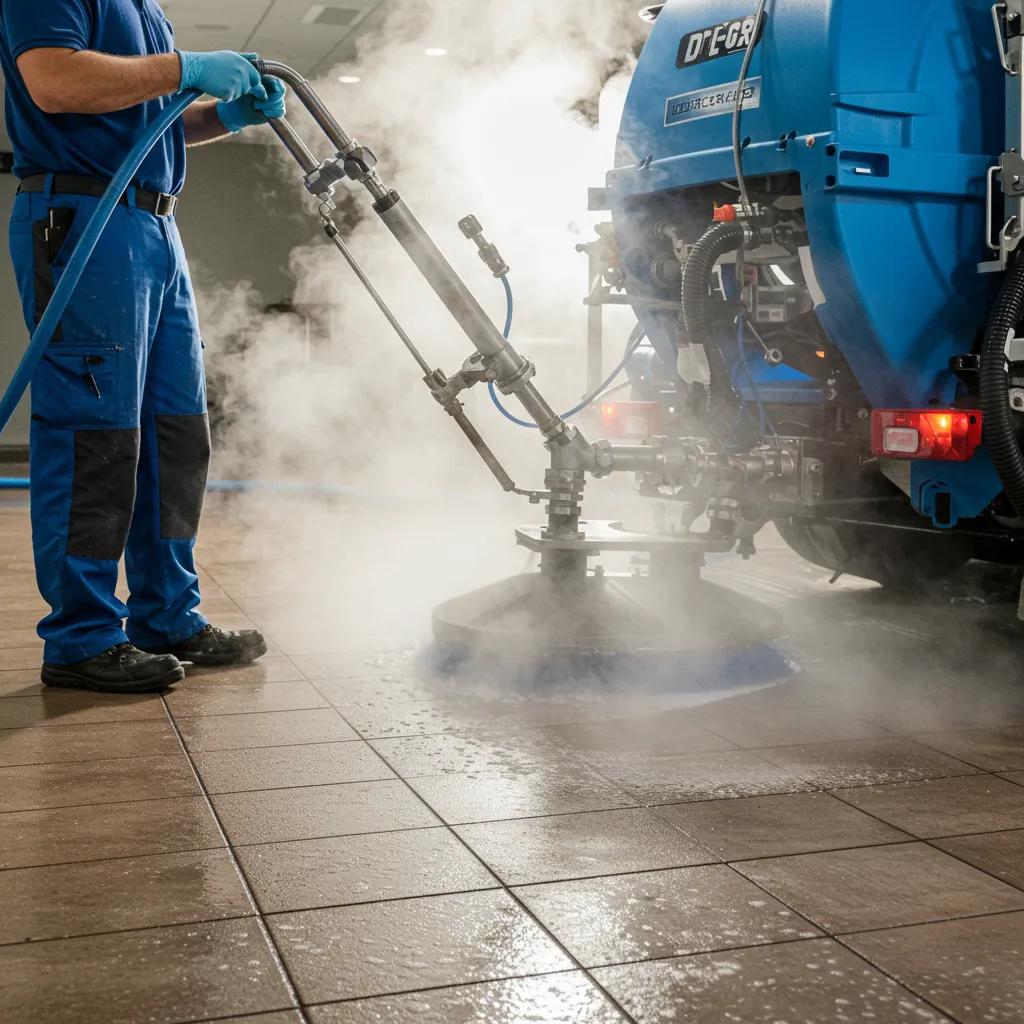 What to Expect for Gleaming, Healthy Floor Tiles 2 Technician using advanced equipment for deep tile cleaning