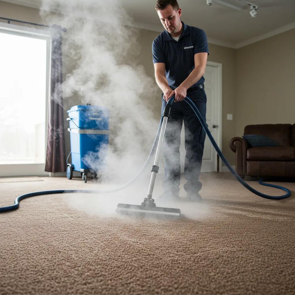 Technician using hot water extraction method for professional carpet cleaning, showcasing the cleaning process