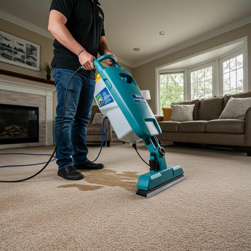 Technician applying enzymatic cleaner for professional pet odor removal in a home setting