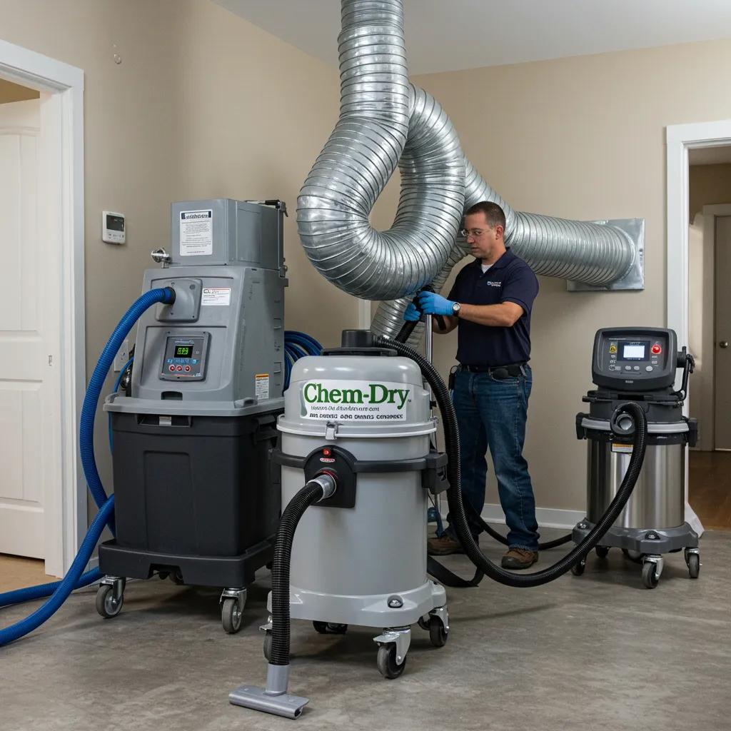 Technicians using advanced HEPA vacuum systems during the Chem-Dry air duct cleaning process, showcasing professional cleaning techniques
