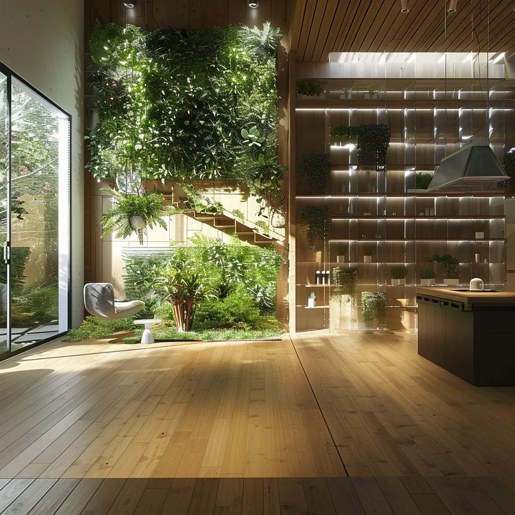 Eco-friendly interior design featuring sustainable materials and smart home technologies Eco-friendly interior design featuring sustainable materials and smart home technologies
