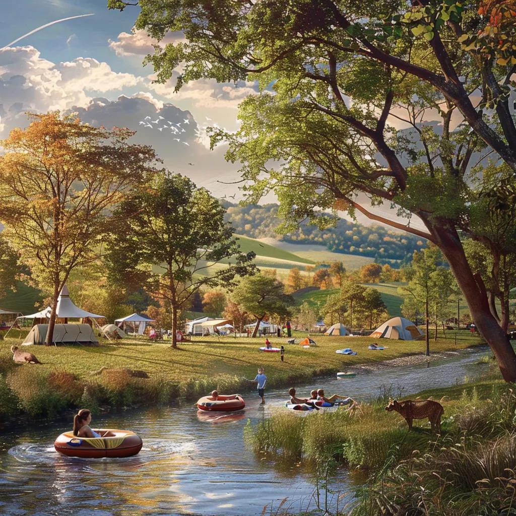 Family-friendly campground in Shenandoah Valley with tents by the river and children tubing