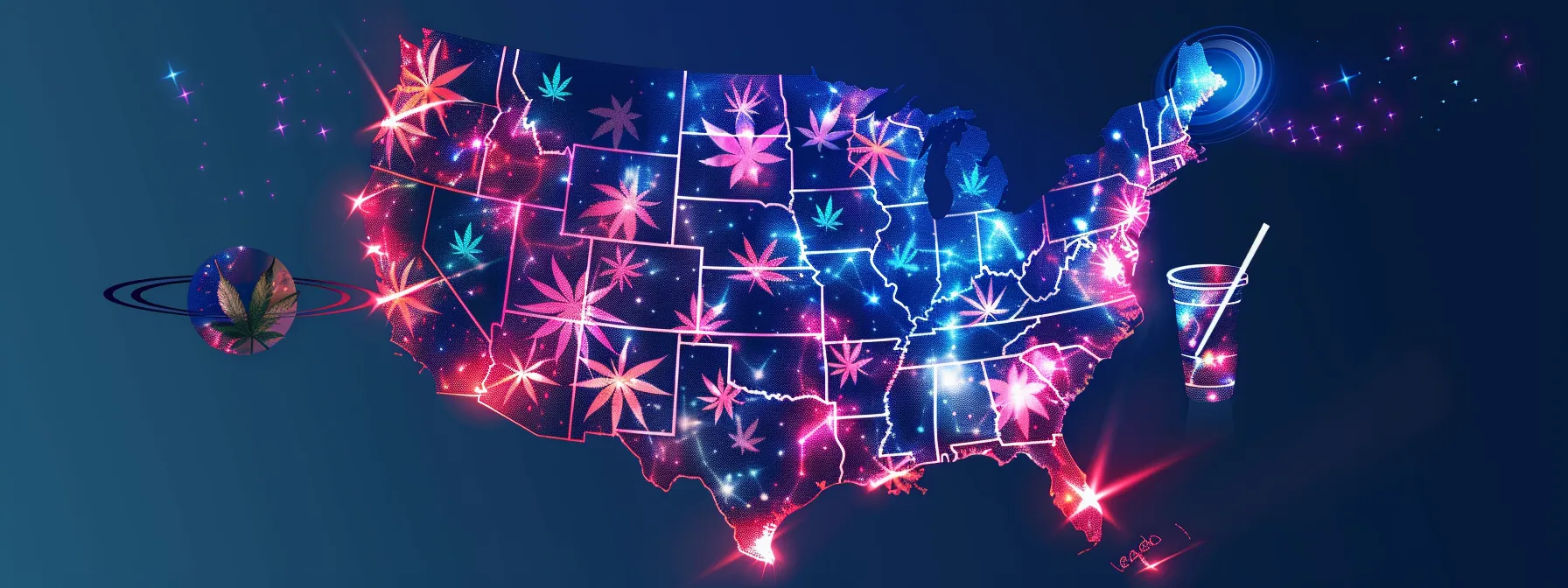 A stylized map of the U.S. with states glowing in different colors, some with "legal" icons (checkmarks, leaf symbols), others with caution signs or red tape. Cosmic elements like stars or orbits float subtly in the background. A small THC drink may appear near the map’s edge. Mood is informative, playful, and slightly rebellious.