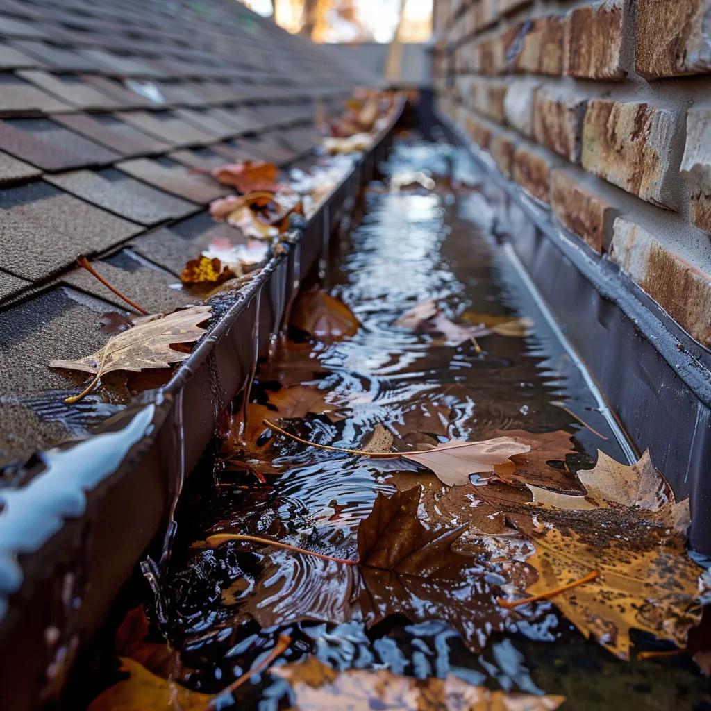 Clogged gutter overflowing with debris, illustrating water damage risks Clogged gutter overflowing with debris, illustrating water damage risks