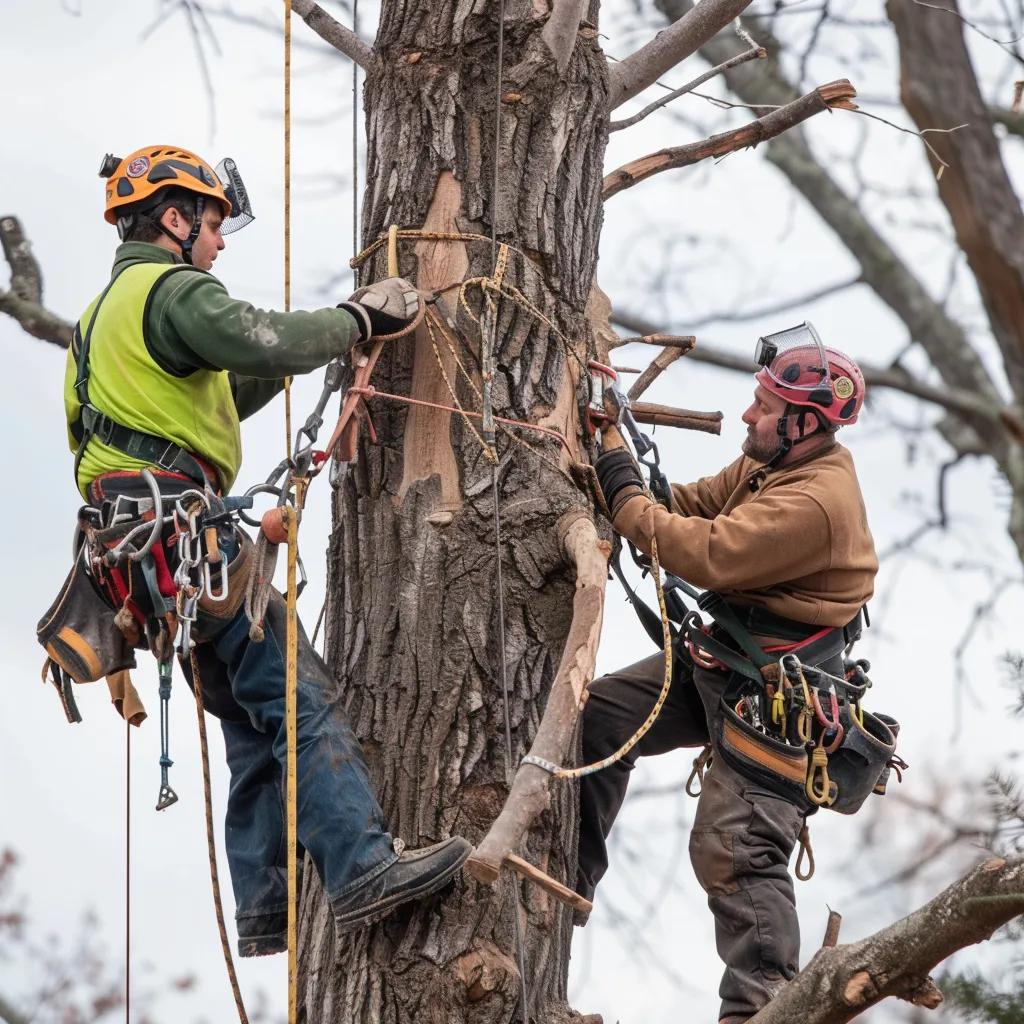 Team of arborists executing a systematic tree removal process with safety equipment and rigging systems