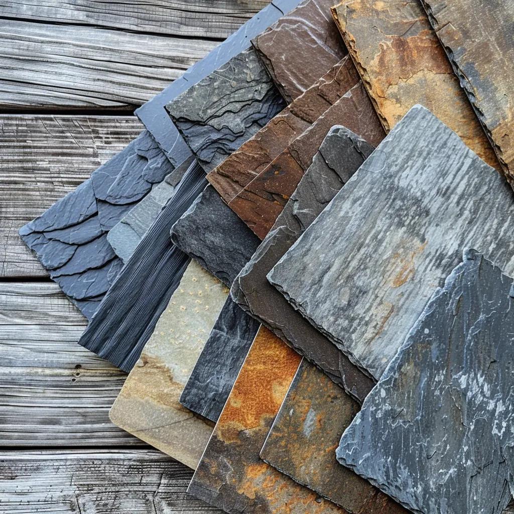 Close-up of roofing materials including asphalt shingles, metal, and slate, with a traditional Staunton home in the background