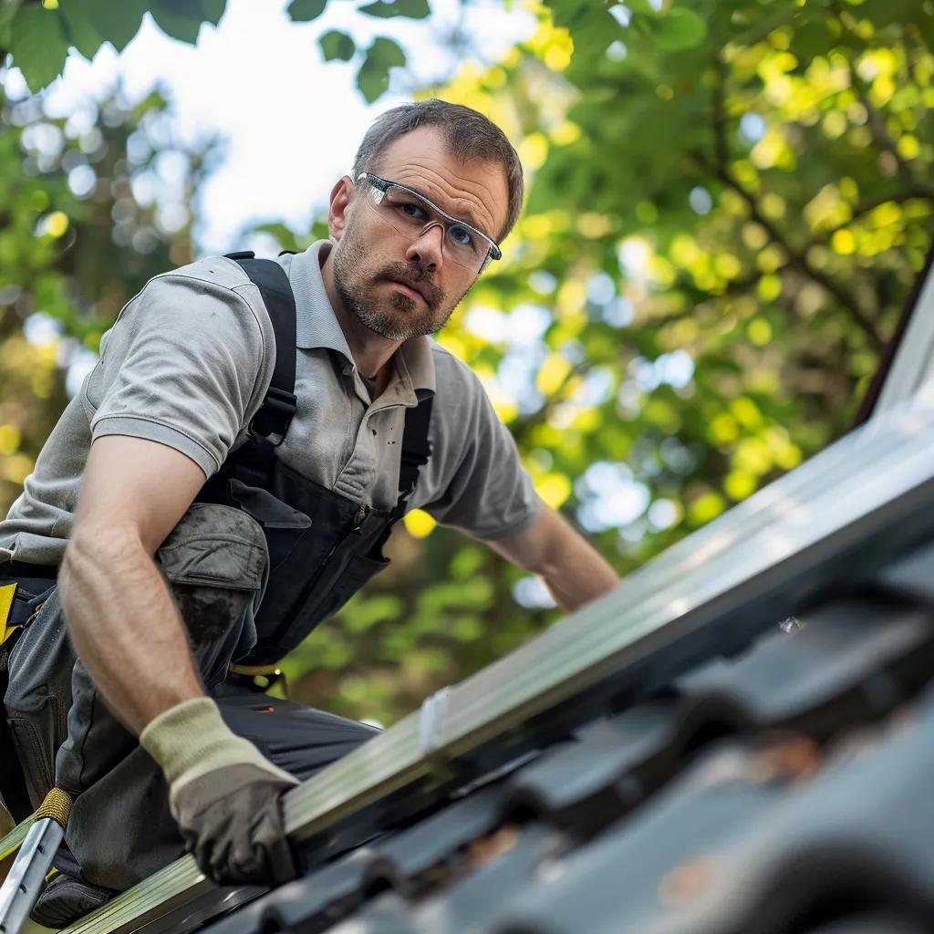 Homeowner performing a safe DIY roof inspection with protective gear and a ladder, emphasizing safety in home maintenance Homeowner performing a safe DIY roof inspection with protective gear and a ladder, emphasizing safety in home maintenance