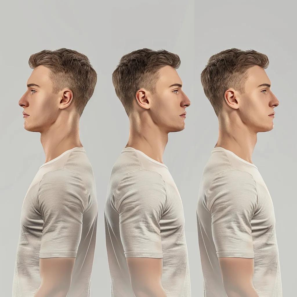 Illustration of three common postural problems affecting shoulders: rounded shoulders, forward head posture, and uneven shoulders