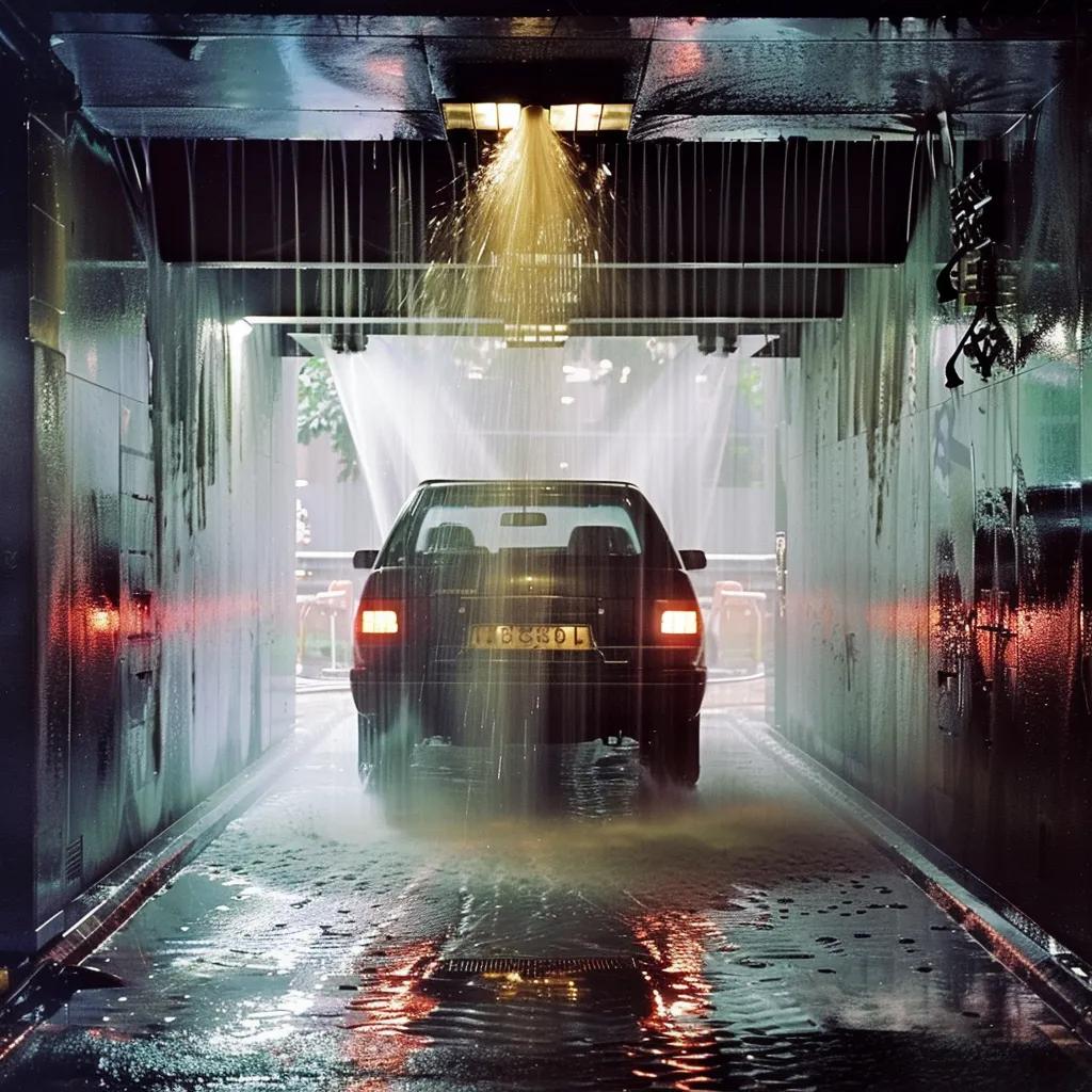 Vehicle entering an automated drive-thru car wash tunnel with brushes and jets in Singapore Vehicle entering an automated drive-thru car wash tunnel with brushes and jets in Singapore