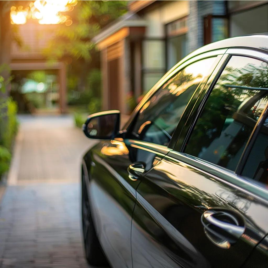 Close-up of a car with tinted windows, emphasizing privacy and security benefits of car window tinting Close-up of a car with tinted windows, emphasizing privacy and security benefits of car window tinting