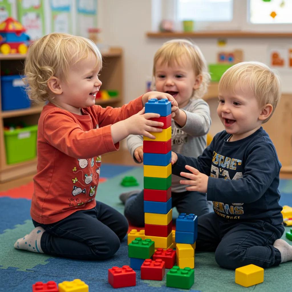 Toddlers collaborating in a cooperative play activity, demonstrating social-emotional growth through sharing and teamwork