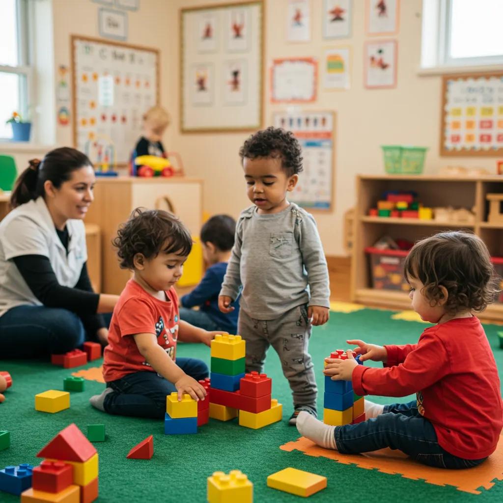 Toddlers actively participating in guided play activities within a vibrant classroom setting, emphasizing cognitive and social development
