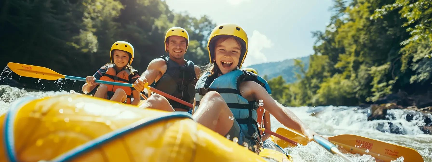 A family rafting together on the Ocoee River, smiling and working as a team to navigate the rapids.