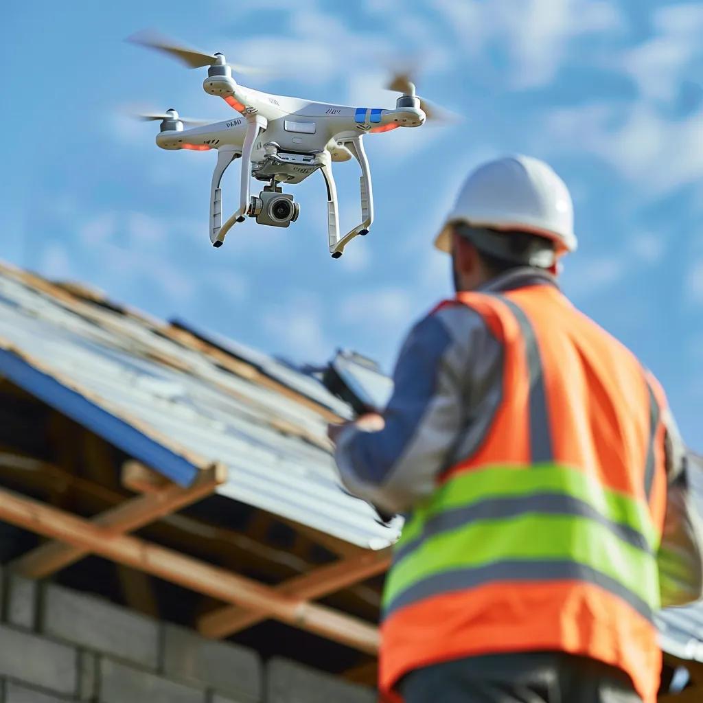 Professional roof inspector using a drone and thermal imaging camera to assess a roof, highlighting advanced inspection techniques Professional roof inspector using a drone and thermal imaging camera to assess a roof, highlighting advanced inspection techniques