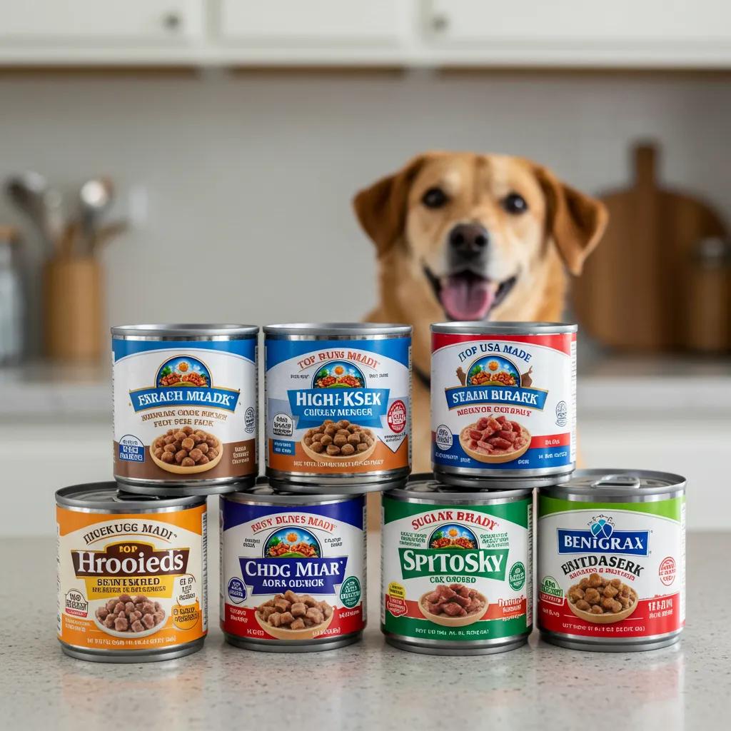A selection of top USA-made wet dog food brands displayed alongside a happy, healthy dog