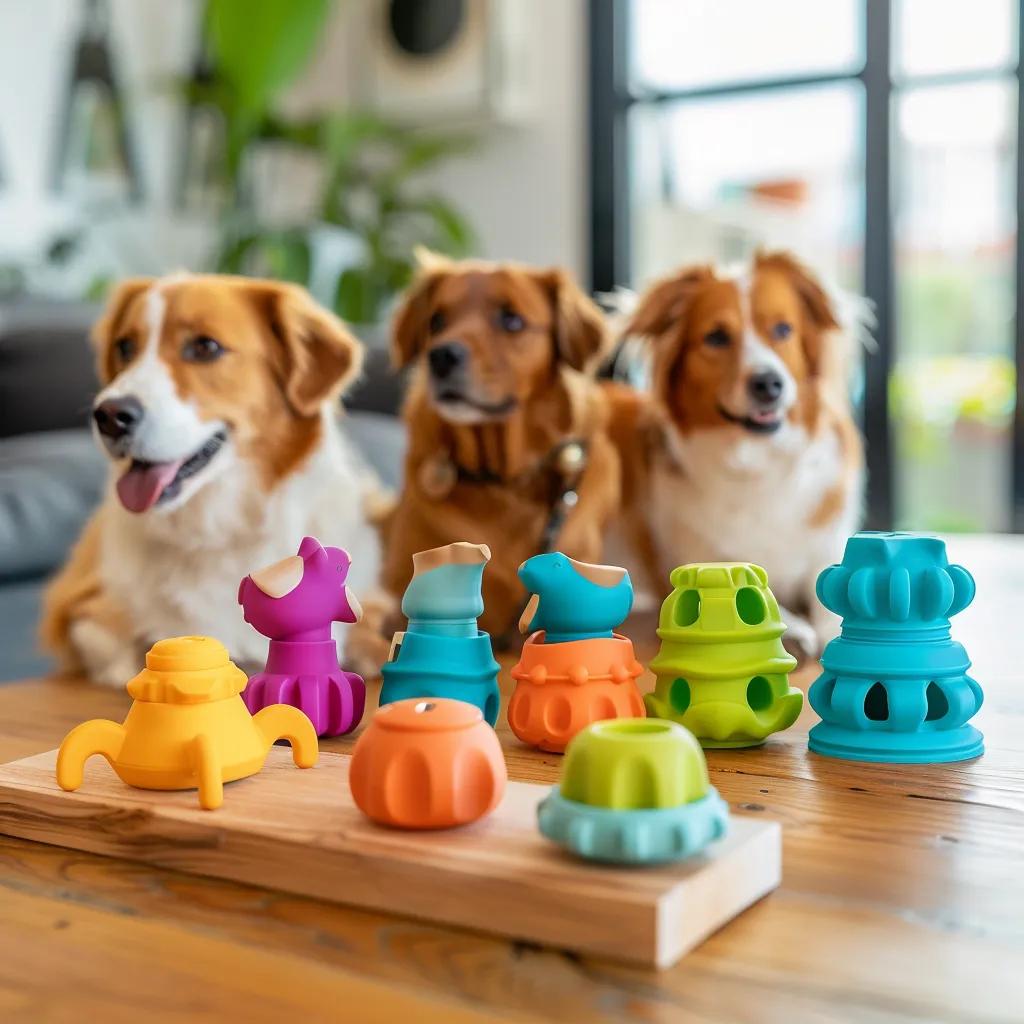 Variety of interactive puzzle dog toys displayed on a table