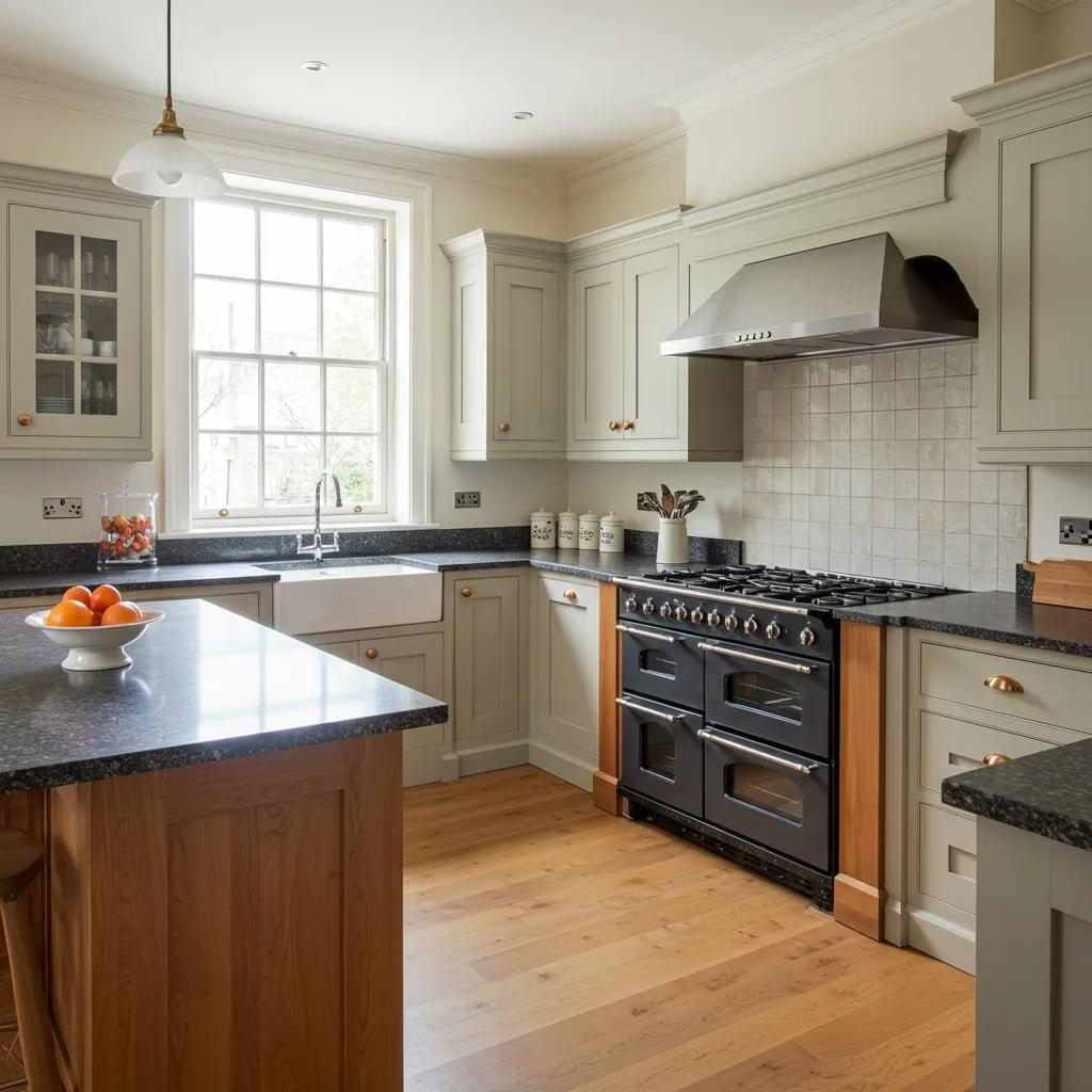 A classic L-shaped kitchen design in a Fulham period home, featuring elegant granite worktops and traditional cabinetry